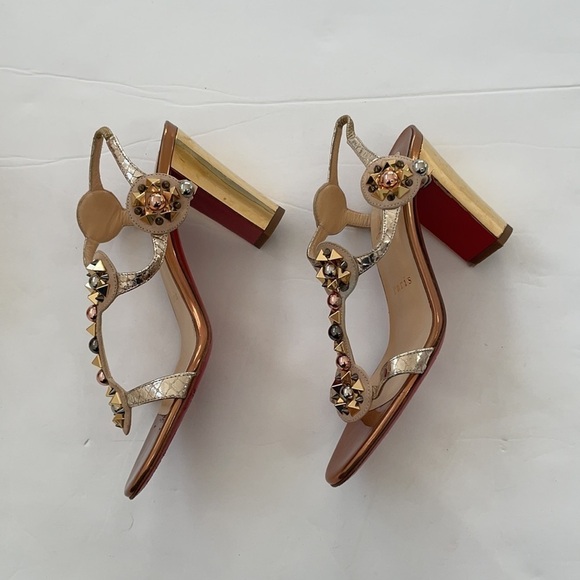 Christian Louboutin Gold Kaleitop leather 85mm T strap heels 37 - Picture 3 of 10